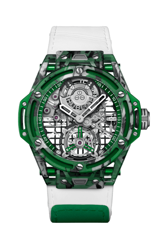 Hublot Big Bang Tourbillon Novak Djokovic G.O.A.T. Edition Green - Green Special Composite - 44 MM - White Calfskin Leather Strap - Sapphire Crystal Dial - 429.QKG.0120.NR.DJO26