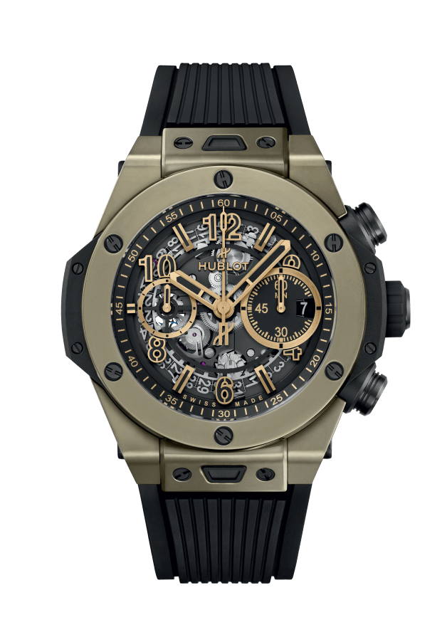 Hublot Big Bang Unico Full Magic Gold 44 MM - Striped Structured Black Rubber Straps - Matte Black Skeleton Dial - 421.MX.1130.RX