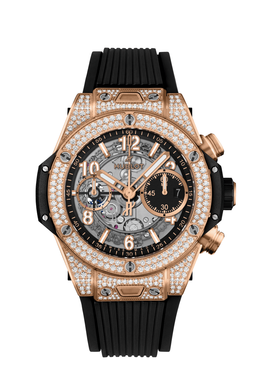 Hublot Big Bang Unico King Gold Pave 42 MM - Black Rubber Strap - Diamond Bezel - Matte Black Skeleton Dial - 441.OX.1181.RX.1704