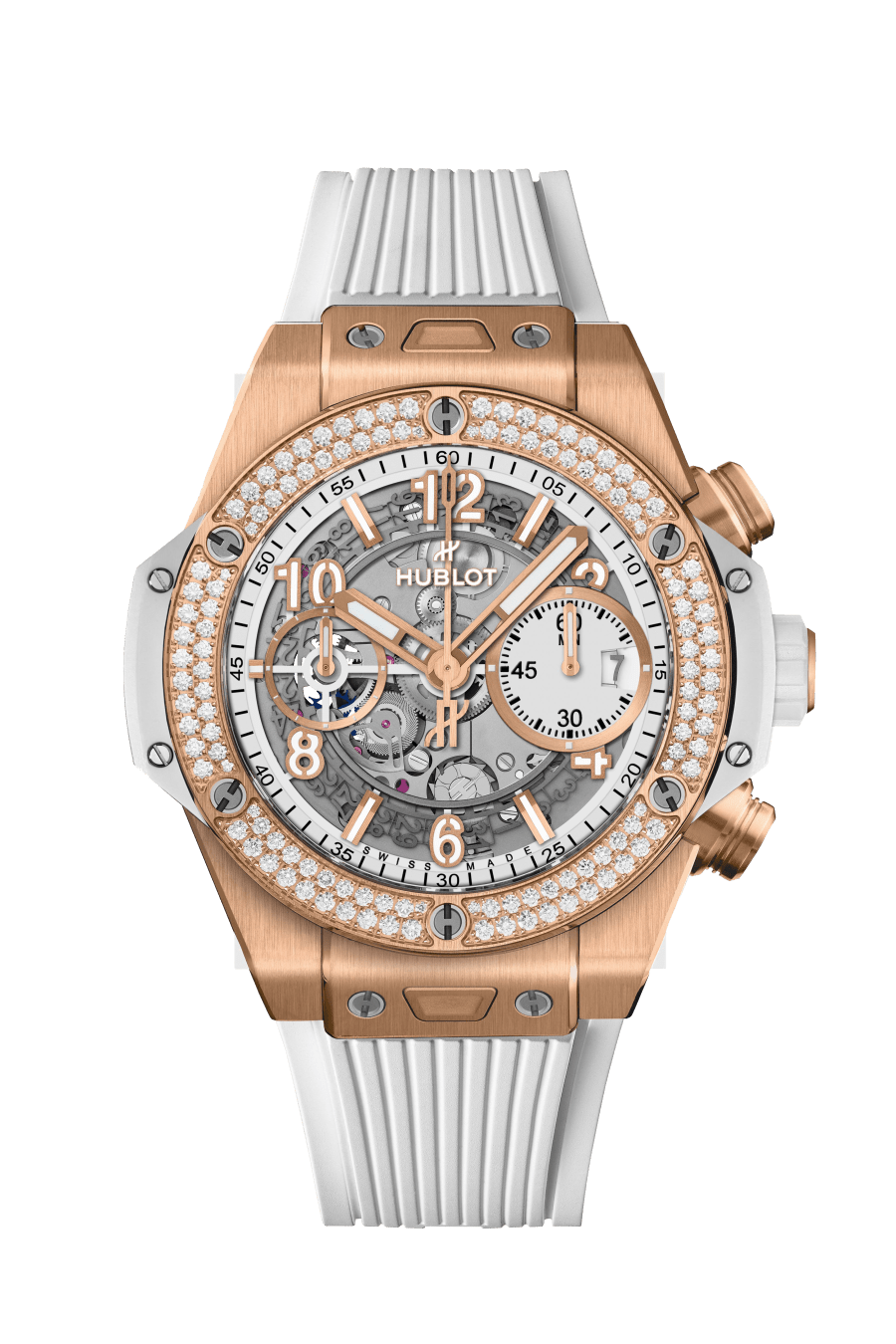 Hublot Big Bang Unico King Gold White Diamonds 42 MM - White Rubber Strap - Diamond Bezel - Matte White Skeleton Diamond Dial - 441.OE.2011.RW.1104