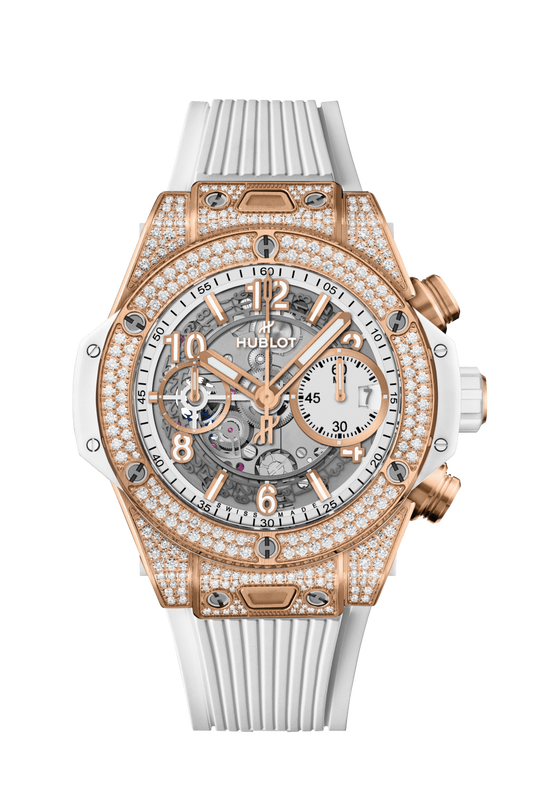 Hublot Big Bang Unico King Gold White Pave 42 MM - White Rubber Strap - Diamond Bezel - Matte White Skeleton Dial - 441.OE.2011.RW.1704