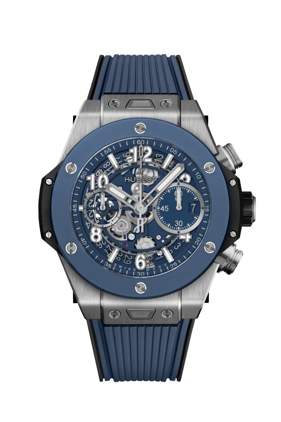 Hublot Big Bang Unico Titanium Blue Ceramic 42 MM - Black and Blue Rubber Strap - Matte Blue Skeleton Dial - 441.NL.5171.RX