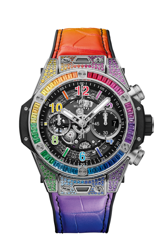 Hublot Big Bang Unico Titanium Rainbow 42 MM - Black Rubber and Multicolor Alligator Strap - Diamond Bezel - Matte Black Skeleton Dial - 441.NX.1117.LR.0999