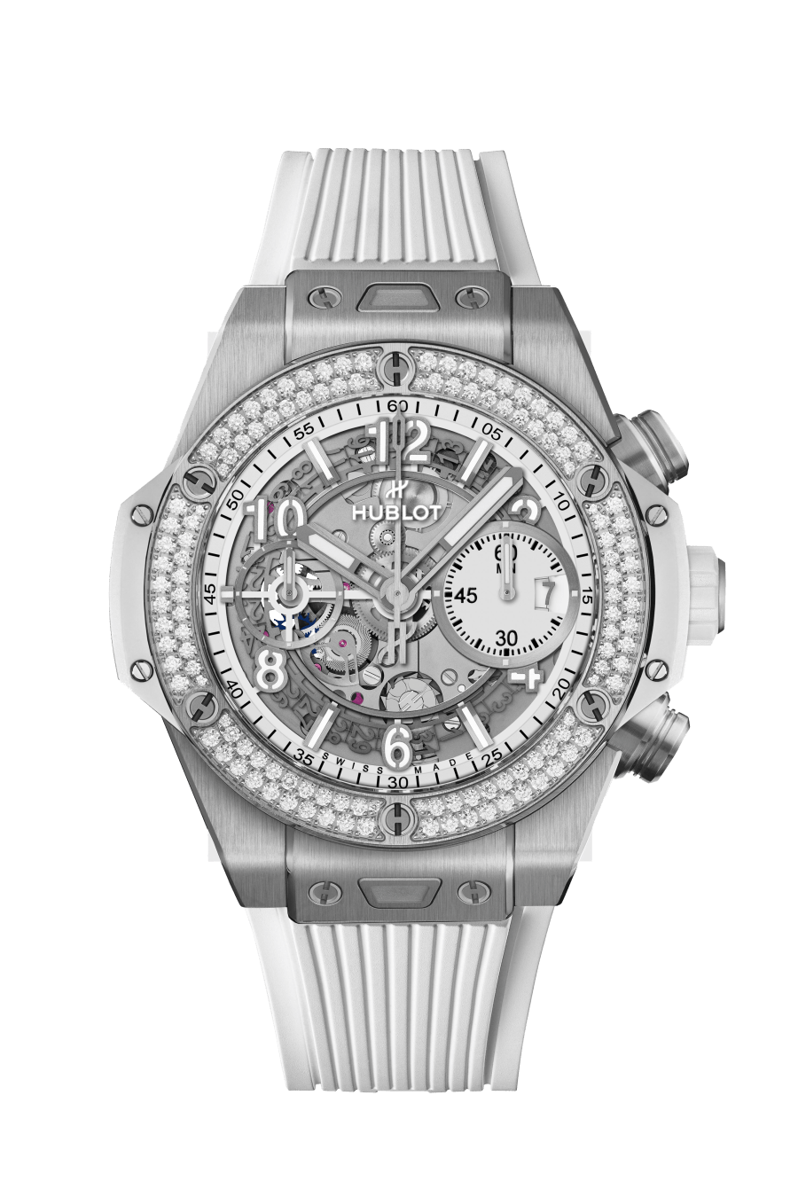 Hublot Big Bang Unico Titanium White Diamonds 42 MM - White Rubber Strap - Diamond Bezel - Matte White Skeleton Dial - 441.NE.2011.RW.1104