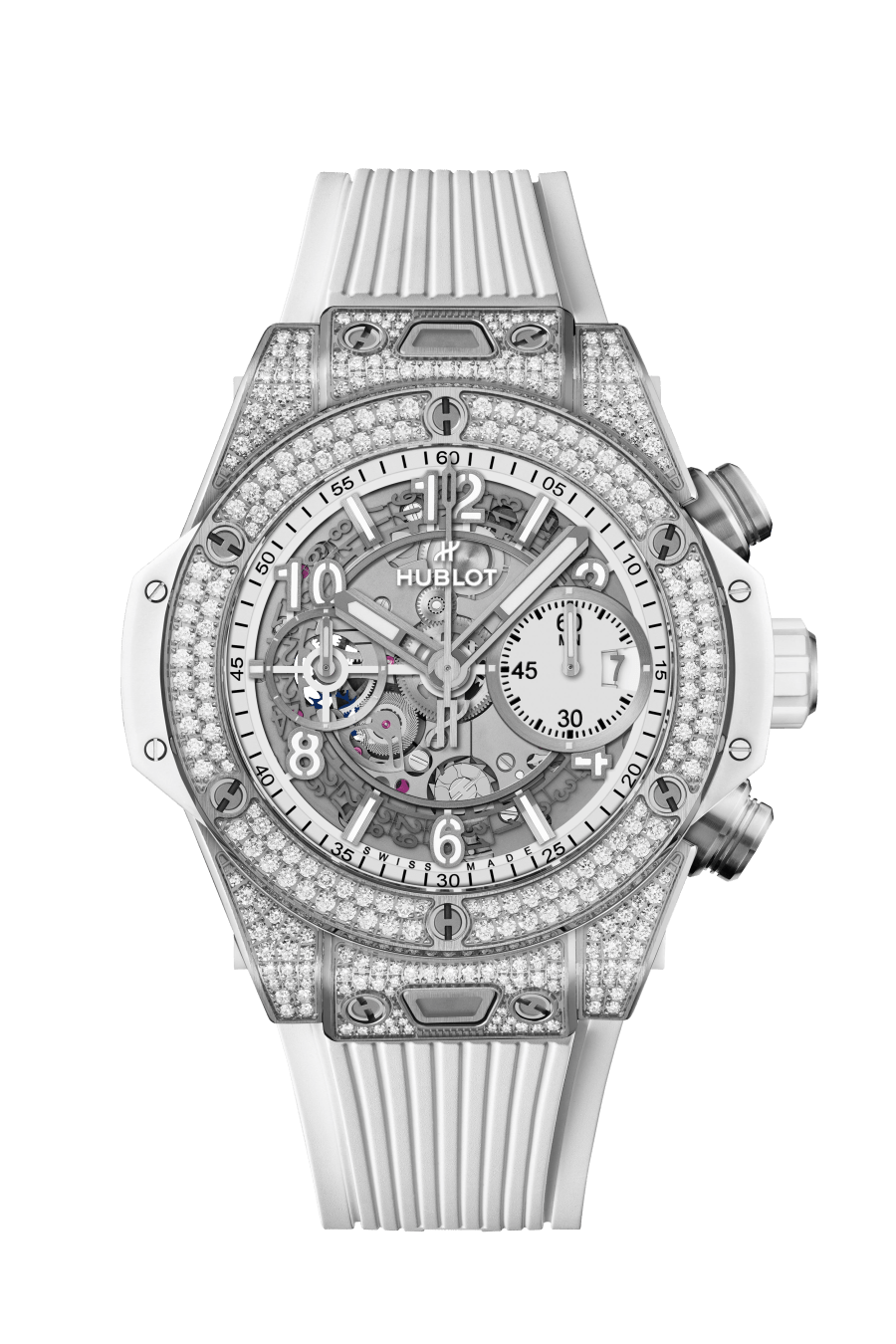 Hublot Big Bang Unico Titanium White Pave 42 MM - White Rubber Strap - Diamond Bezel - Matte White Skeleton Dial - 441.NE.2011.RW.1704