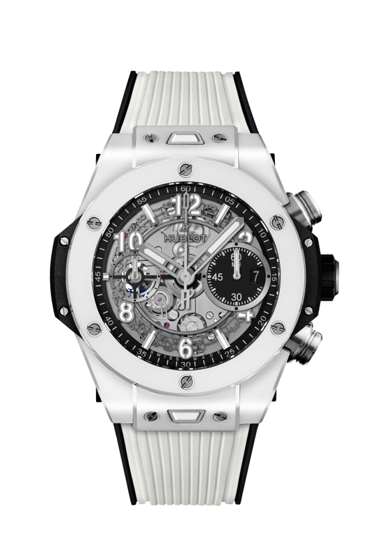 Hublot Big Bang Unico White Ceramic 42 MM - Black and White Rubber Strap - Matte Black Skeleton Dial - 441.HX.1171.RX