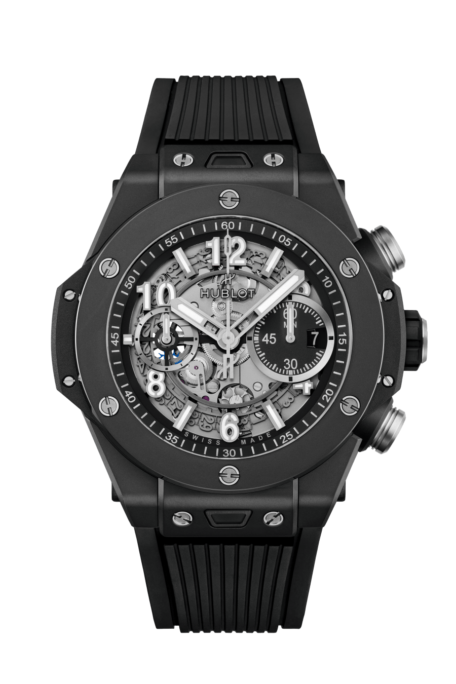 Hublot Big Bang Unico Black Magic 44 MM - Striped Structured Black Rubber Strap - Matte Black Skeleton Dial - 421.CI.1170.RX