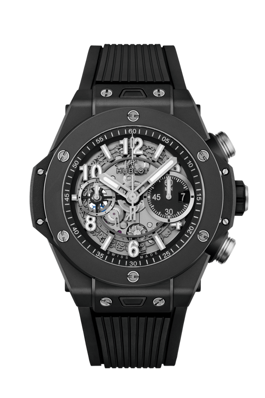 Hublot Big Bang Unico Black Magic 44 MM - Striped Structured Black Rubber Strap - Matte Black Skeleton Dial - 421.CI.1170.RX