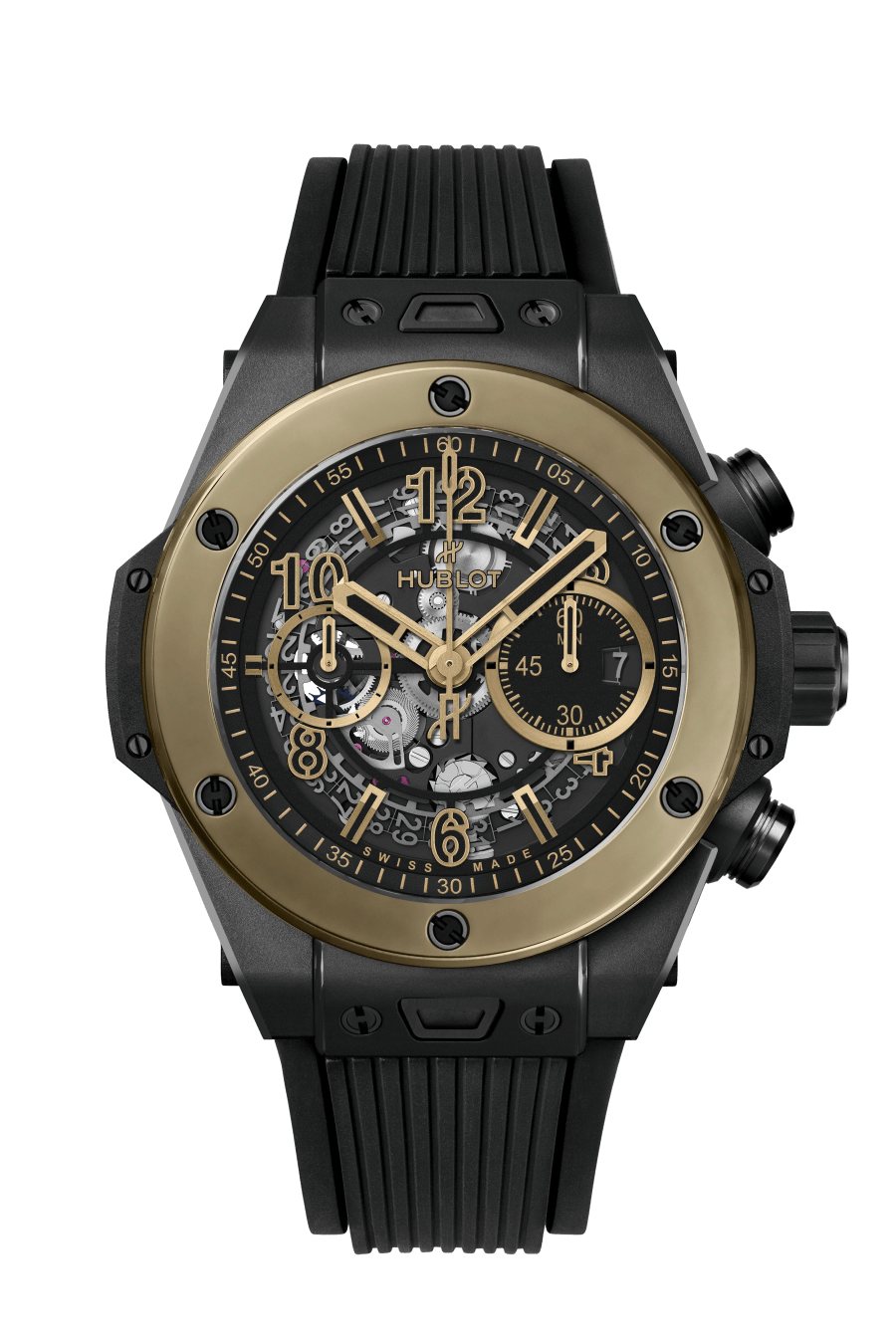 Hublot Big Bang Unico Ceramic Magic Gold 44 MM - Striped Structured Black Rubber Strap - Matte Black Skeleton Dial - 421.CM.1130.RX