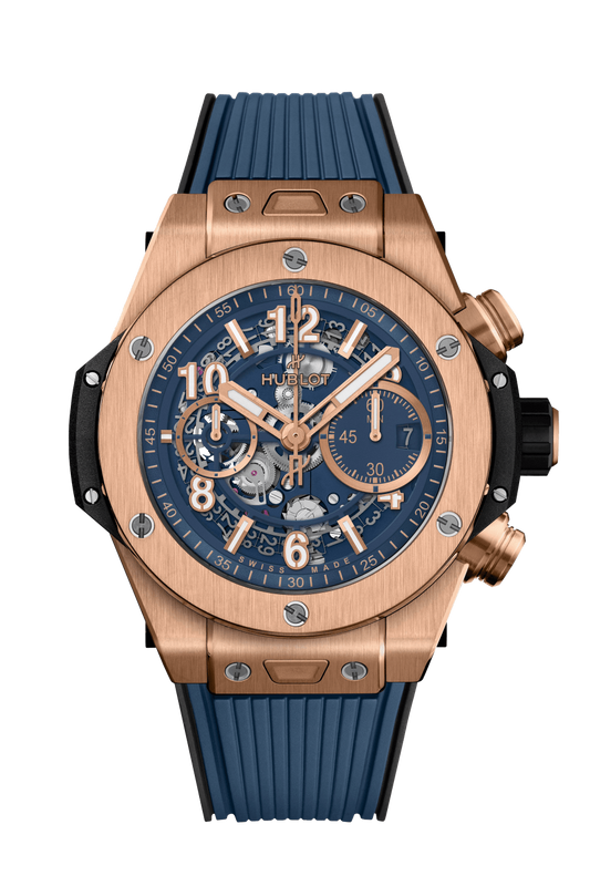 Hublot Big Bang Unico King Gold Blue 44 MM - Striped Structured Blue Rubber Strap - Matte Blue Skeleton Dial - 421.OX.5180.RX