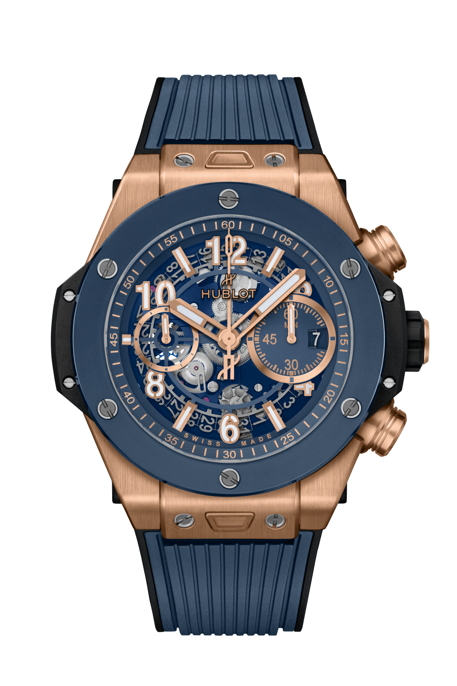 Hublot Big Bang Unico King Gold Blue Ceramic 44 MM - Striped Structured Blue Rubber Strap - Matte Blue Skeleton Dial - 421.OL.5180.RX