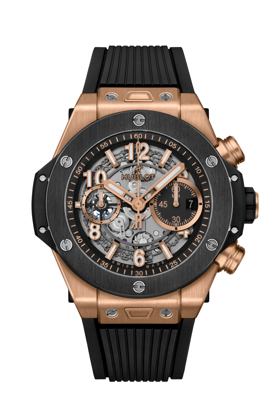 Hublot Big Bang Unico King Gold Ceramic 44 MM - Striped Structured Black Rubber Strap - Matte Black Skeleton Dial - 421.OM.1180.RX