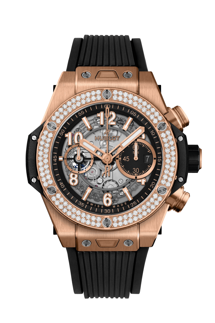 Hublot Big Bang Unico King Gold Diamonds 44 MM - Striped Structured Black Rubber Strap - Diamond Bezel - Matte Black Skeleton Dial - 421.OX.1180.RX.1104