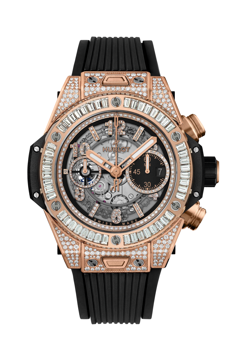 Hublot Big Bang Unico King Gold Jewellery 44 MM - Striped Structured Black Rubber Strap - Diamond Bezel - Matte Black Skeleton Diamond Dial - 421.OX.1180.RX.0904