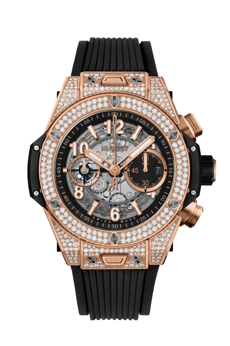 Hublot Big Bang Unico King Gold Pave 44 MM - Striped Structured Black Rubber Strap - Diamond Bezel - Matte Black Skeleton Dial - 421.OX.1180.RX.1704