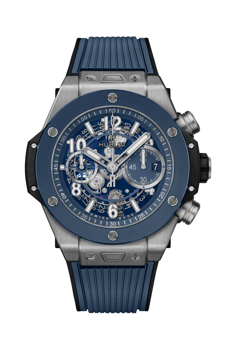 Hublot Big Bang Unico Titanium Blue Ceramic 44 MM - Striped Structured Blue Rubber Strap - Matte Blue Skeleton Dial - 421.NL.5170.RX