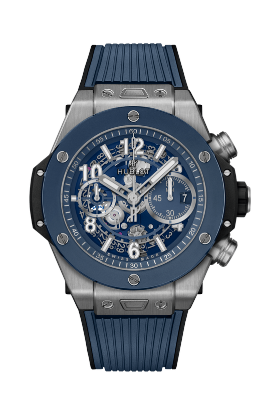 Hublot Big Bang Unico Titanium Blue Ceramic 44 MM - Striped Structured Blue Rubber Strap - Matte Blue Skeleton Dial - 421.NL.5170.RX