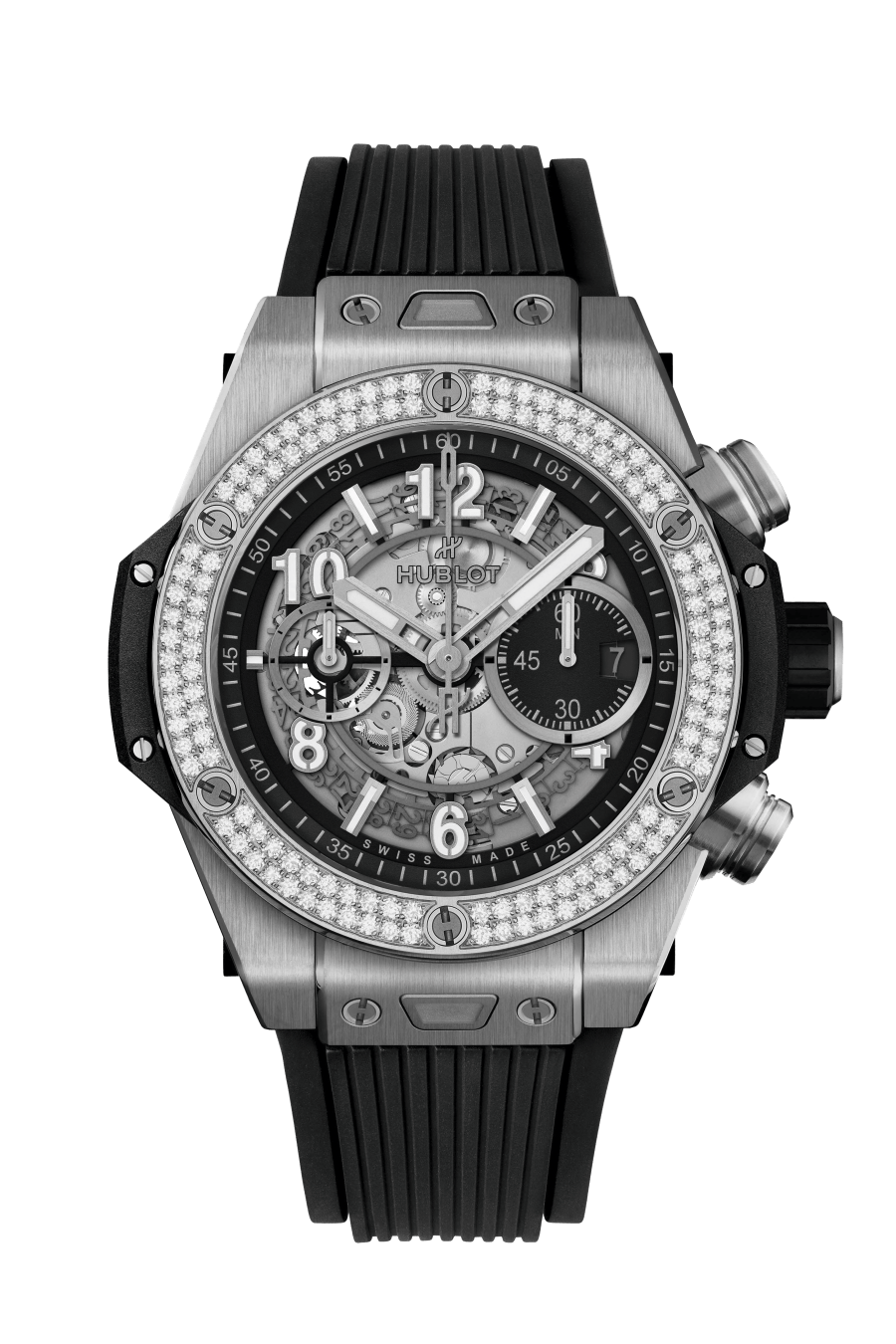 Hublot Big Bang Unico Titanium Diamonds 44 MM - Striped Structured Black Rubber Strap - Diamond Bezel - Matte Black Skeleton Dial - 421.NX.1170.RX.1104