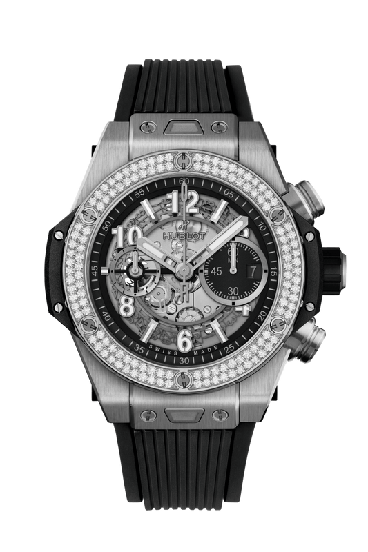 Hublot Big Bang Unico Titanium Diamonds 44 MM - Striped Structured Black Rubber Strap - Diamond Bezel - Matte Black Skeleton Dial - 421.NX.1170.RX.1104