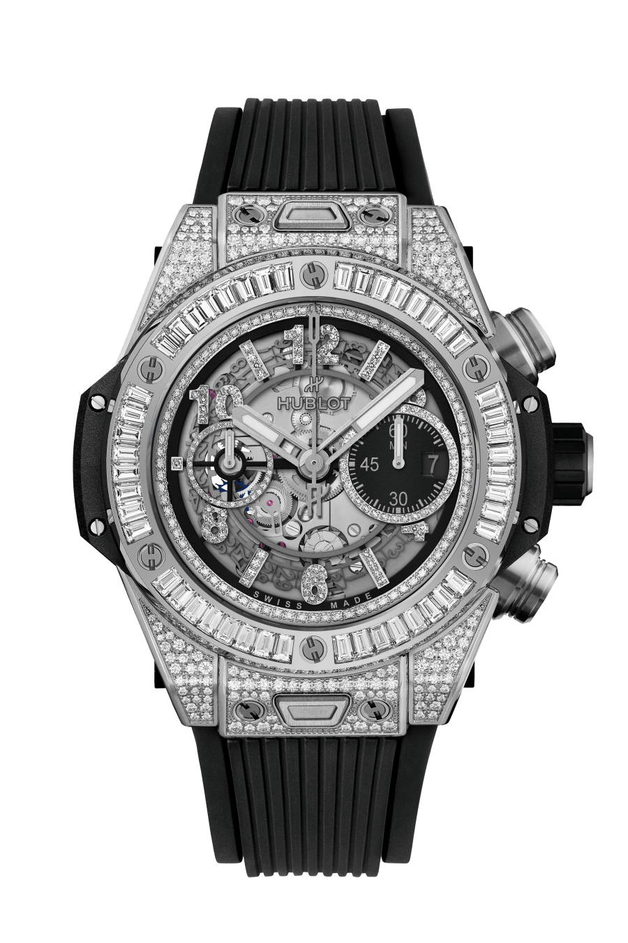 Hublot Big Bang Unico Titanium Jewellery 44 MM - Striped Structured Black Rubber Strap - Diamond Bezel - Matte Black Skeleton Dial - 421.NX.1170.RX.0904