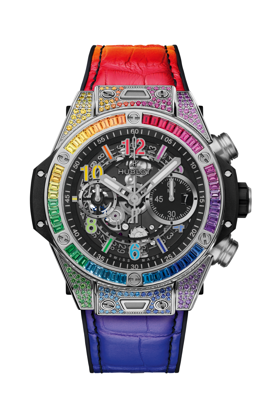 Hublot Big Bang Unico Titanium Rainbow 44 MM - Black Rubber and Multicolor Alligator Strap - Diamond Bezel - Matte Black Skeleton Dial - 421.NX.1117.LR.0999