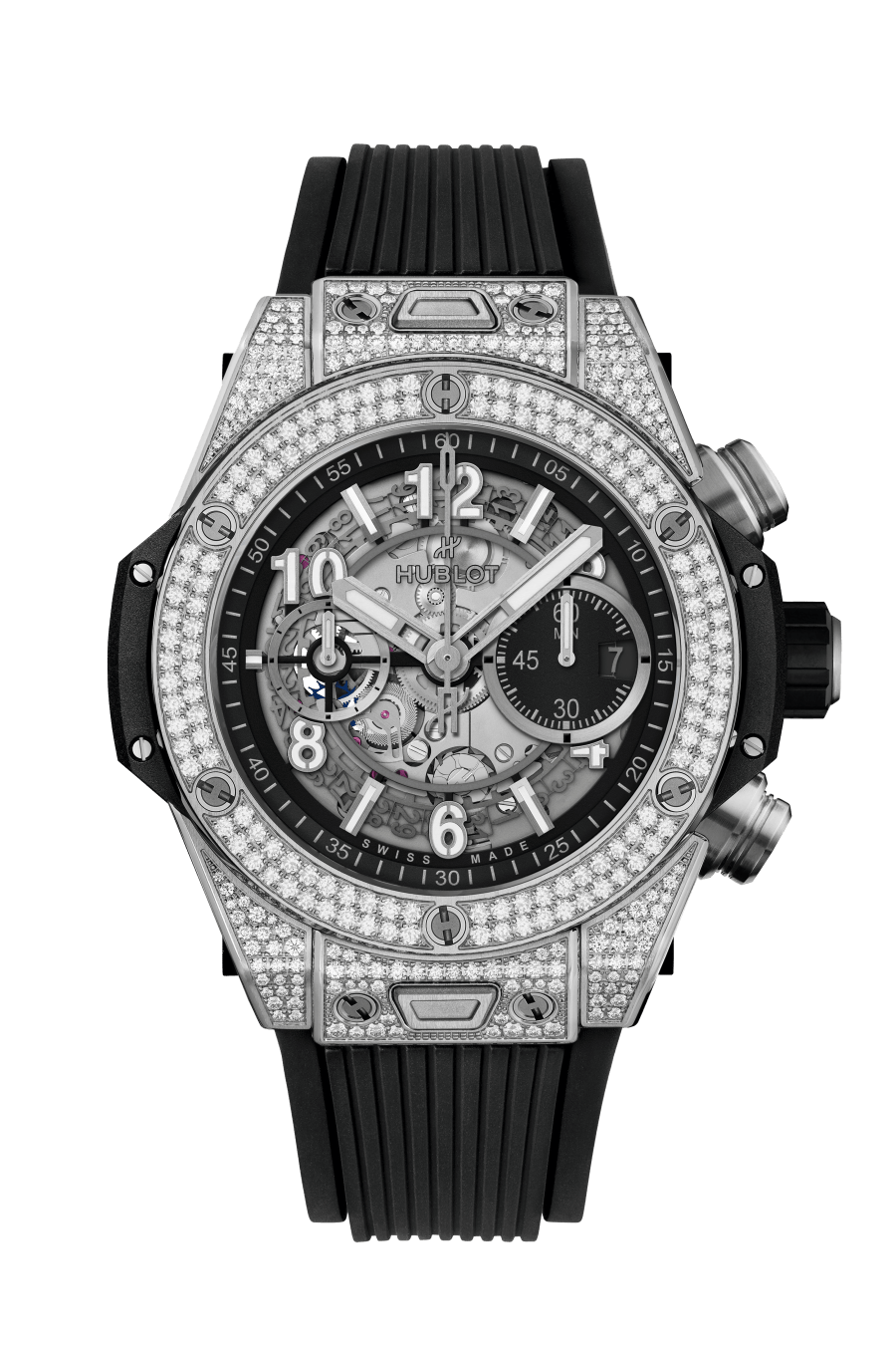 Hublot Big Bang Unico Titanium Pave 44 MM - Striped Structured Black Rubber Strap - Diamond Bezel - Matte White Skeleton Dial - 421.NX.1170.RX.1704