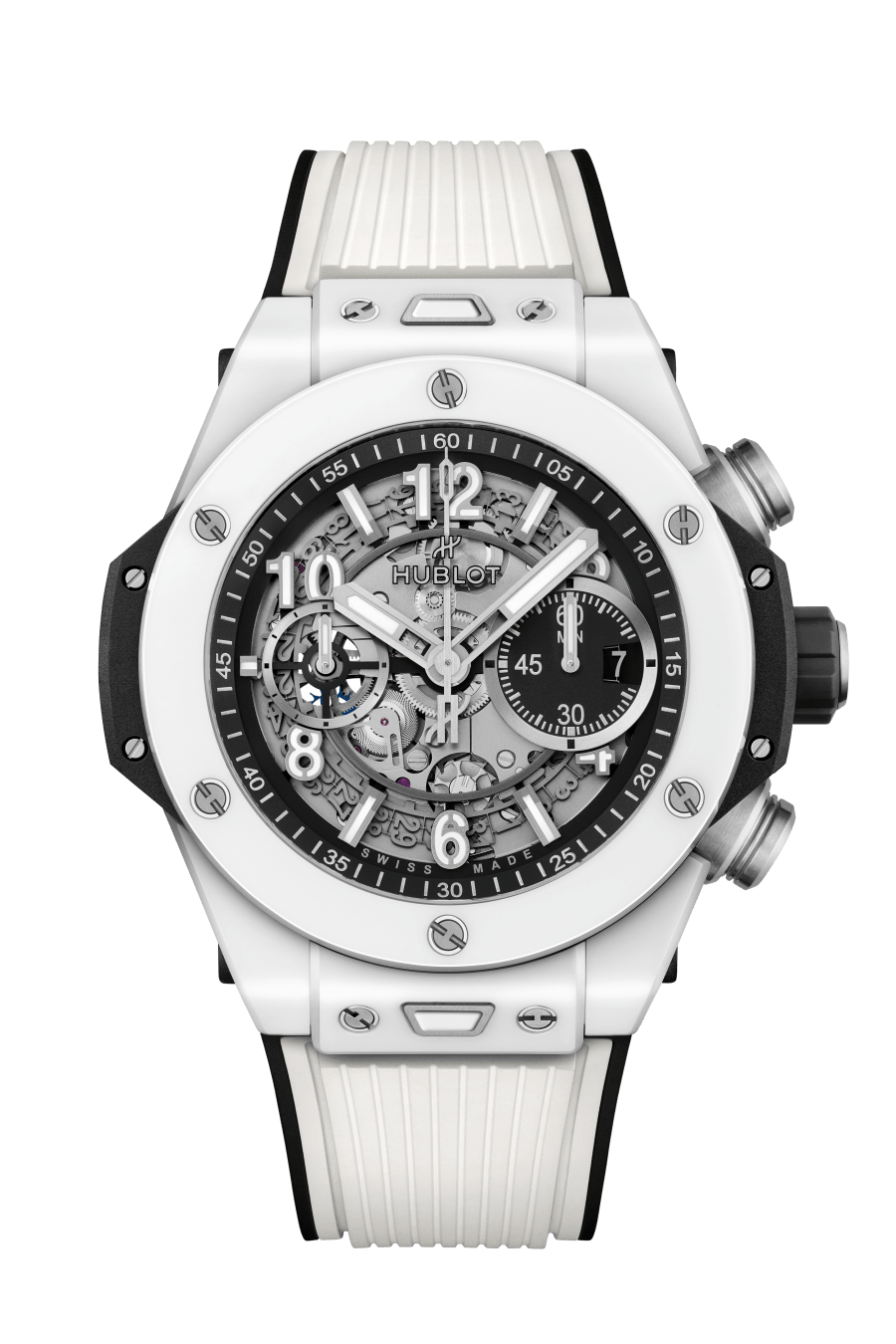 Hublot Big Bang Unico White Ceramic 44 MM - Black and White Rubber Strap - Matte Black Skeleton Dial - 421.HX.1170.RX