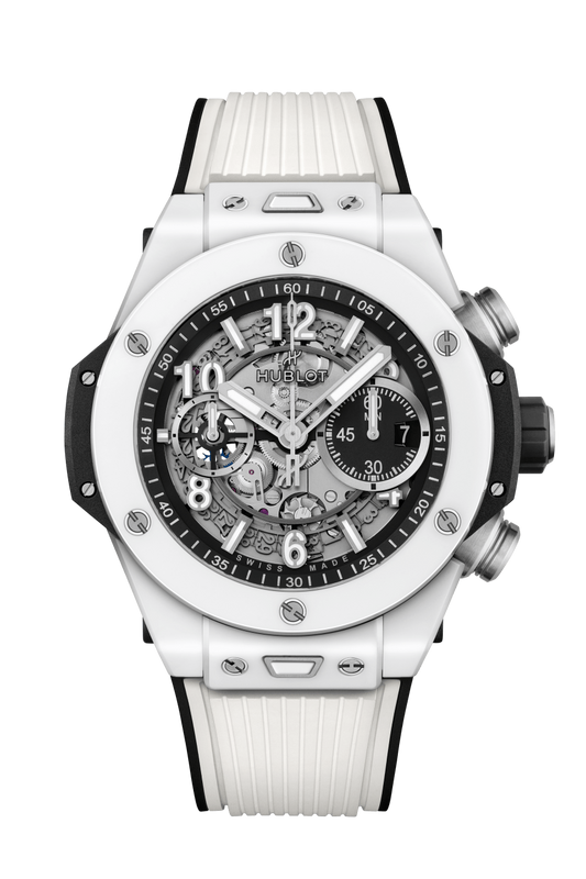 Hublot Big Bang Unico White Ceramic 44 MM - Black and White Rubber Strap - Matte Black Skeleton Dial - 421.HX.1170.RX