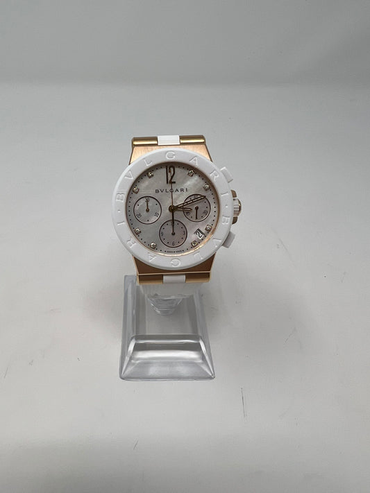 Bvlgari Diagono Chronograph Pink Gold 37 MM  - White Rubber Strap - Mother of Pearl Dial - White Ceramic Bezel - 101994