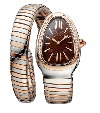 Bvlgari Serpenti Tubogas - 35 MM - Stainless Steel and Rose Gold - Brown Dial - Diamond Bezel - 103071