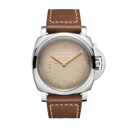 Panerai Luminor Stainless Steel 47 MM - Dark Brown Calfskin Leather Strap - Ivory Matte "Tropical" Dial - PAM01735