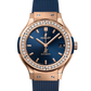 Hublot Classic Fusion King Gold Blue Diamonds 38 MM - Blue Rubber Strap - Diamond Bezel - Satin Blue Sunburst Dial - 565.OX.7180.RX.1204