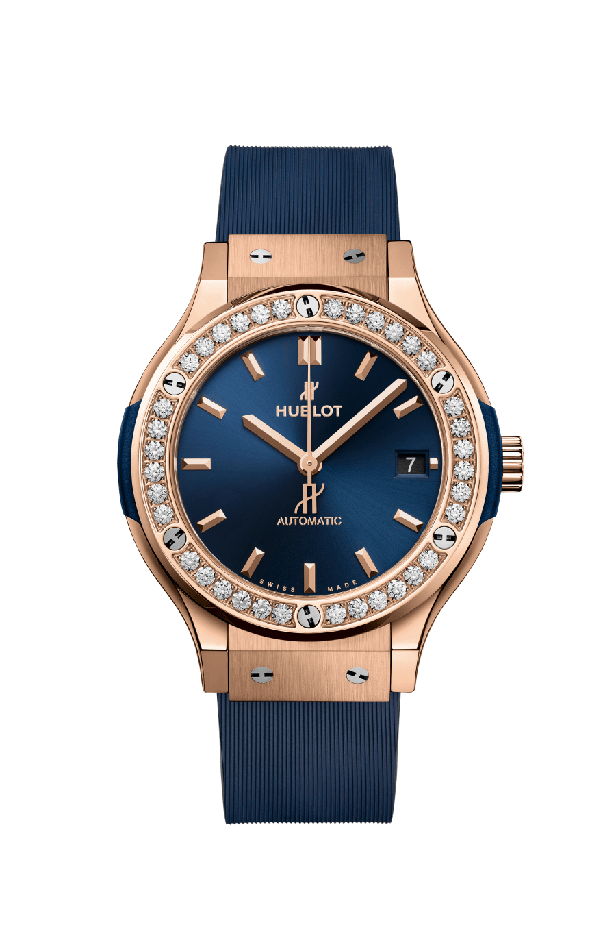 Hublot Classic Fusion King Gold Blue Diamonds 38 MM - Blue Rubber Strap - Diamond Bezel - Satin Blue Sunburst Dial - 565.OX.7180.RX.1204