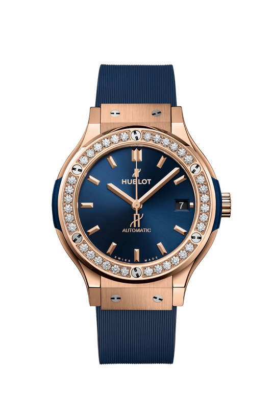 Hublot Classic Fusion King Gold Blue Diamonds 38 MM - Blue Rubber Strap - Diamond Bezel - Satin Blue Sunburst Dial - 565.OX.7180.RX.1204