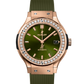 Hublot Classic Fusion King Gold Green Diamonds 38 MM - Green Rubber Strap - Diamond Bezel - Satin Sunburst Green Dial - 565.OX.8980.RX.1204