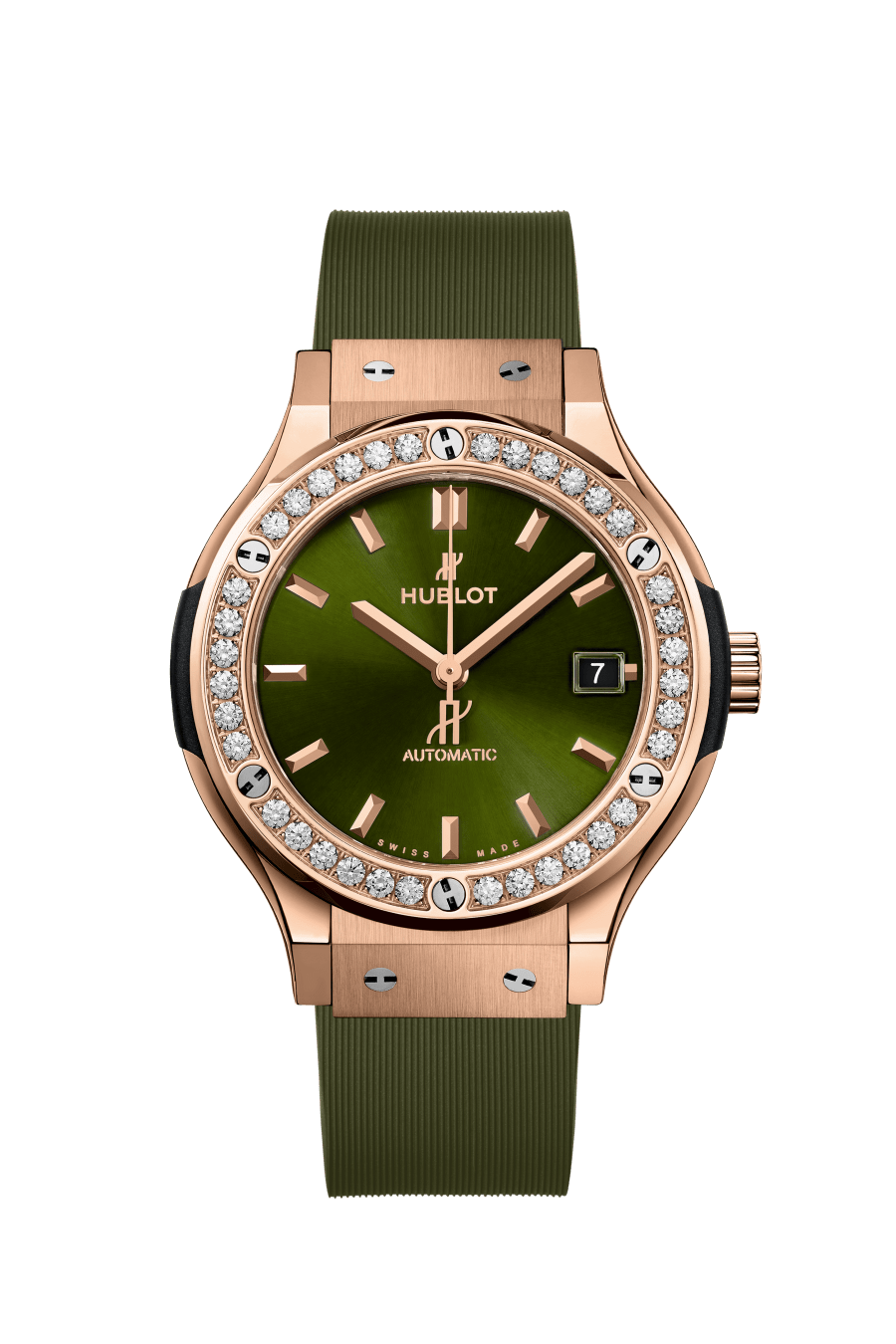 Hublot Classic Fusion King Gold Green Diamonds 38 MM - Green Rubber Strap - Diamond Bezel - Satin Sunburst Green Dial - 565.OX.8980.RX.1204