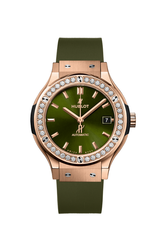 Hublot Classic Fusion King Gold Green Diamonds 38 MM - Green Rubber Strap - Diamond Bezel - Satin Sunburst Green Dial - 565.OX.8980.RX.1204