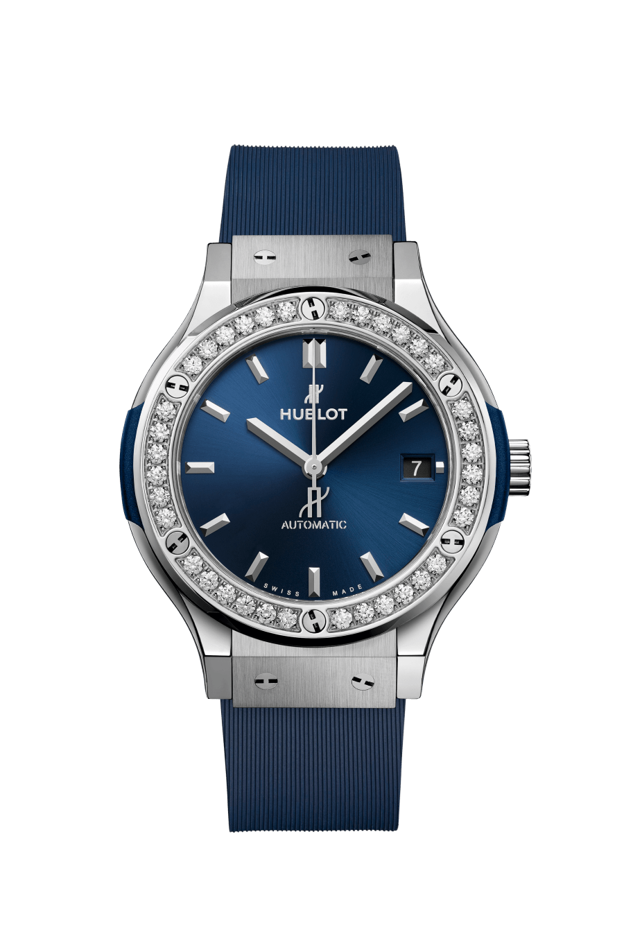 Hublot Classic Fusion Titanium Blue Diamonds 38 MM - Blue Rubber Strap - Diamond Bezel - Satin Blue Sunburst Dial - 565.NX.7170.RX.1204