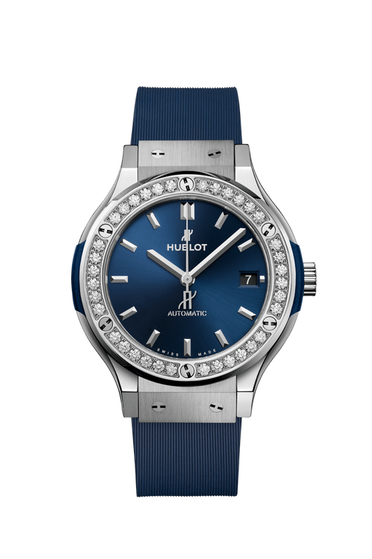 Hublot Classic Fusion Titanium Blue Diamonds 38 MM - Blue Rubber Strap - Diamond Bezel - Satin Blue Sunburst Dial - 565.NX.7170.RX.1204