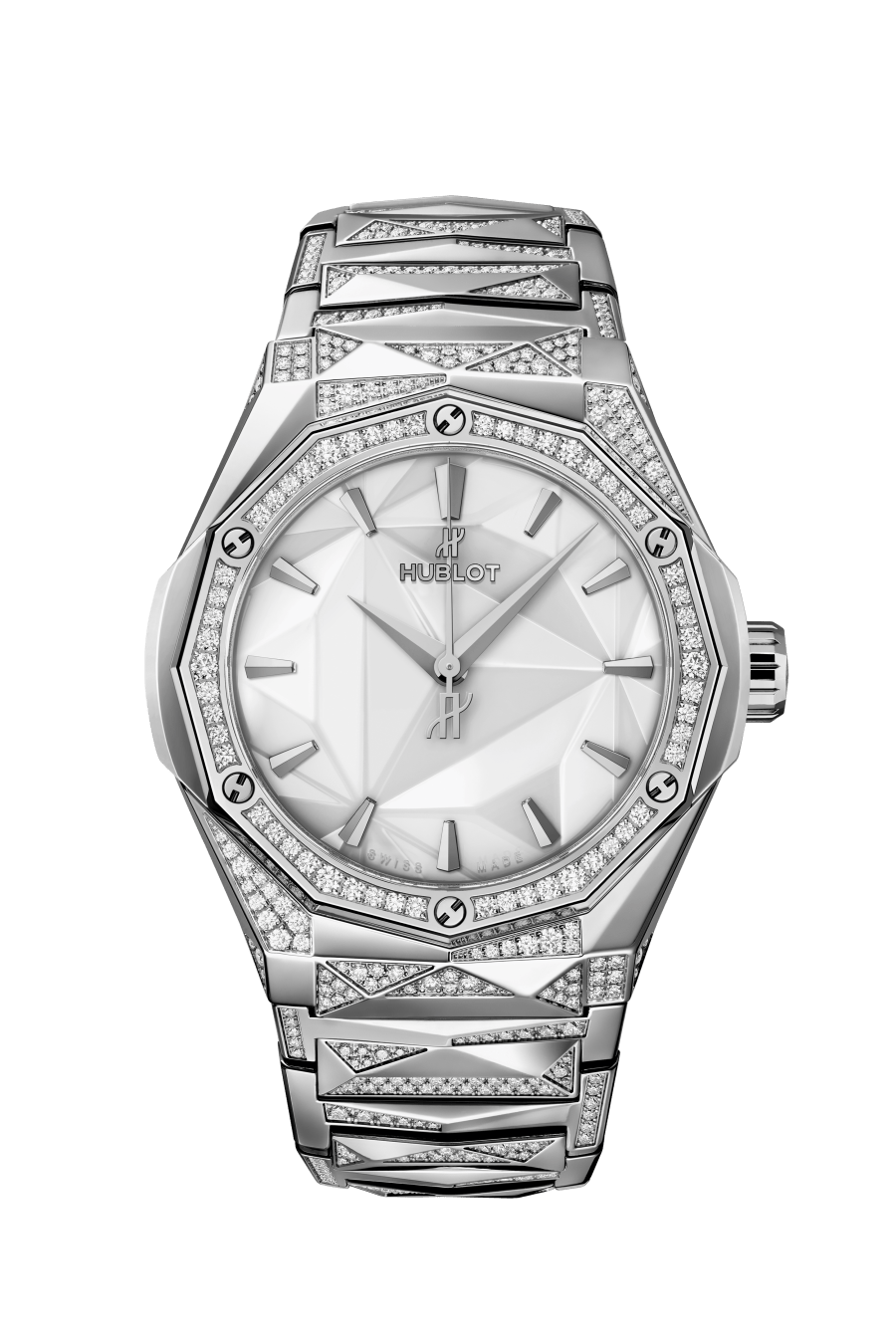 Hublot Classic Fusion Orlinski Titanium White Alternative Pave 40 MM - Titanium Bracelet - Diamond Bezel - Polished White Dial - 550.NS.2200.NS.3804.ORL22