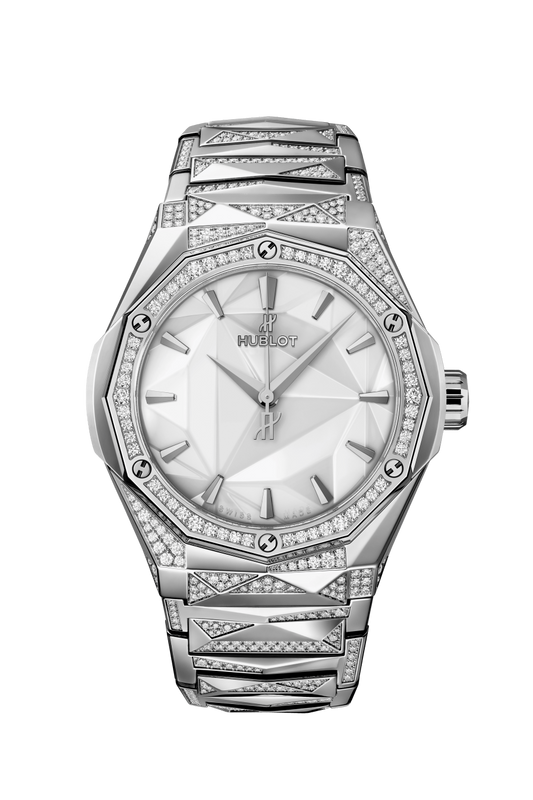 Hublot Classic Fusion Orlinski Titanium White Alternative Pave 40 MM - Titanium Bracelet - Diamond Bezel - Polished White Dial - 550.NS.2200.NS.3804.ORL22