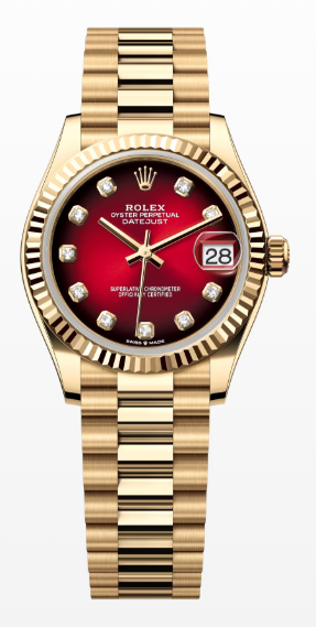 Rolex Datejust - Yellow Gold - 31 MM - President Bracelet - Fluted Bezel - Red Ombré Diamond Dial - 278278-0049