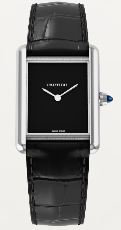 Cartier - Tank Must - Large Model - 33.7 MM x 25.5 MM - Stainless Steel - Black Lacquered Dial - Black Alligator Leather Strap - WSTA0108
