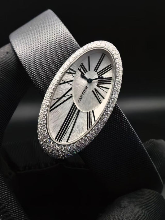 Cartier Baignoire Hypnose de Cartier White Gold 23 x 44 mm - Black Alligator Leather Bracelet - Silvered Dial - Diamond Bezel - WJ301949