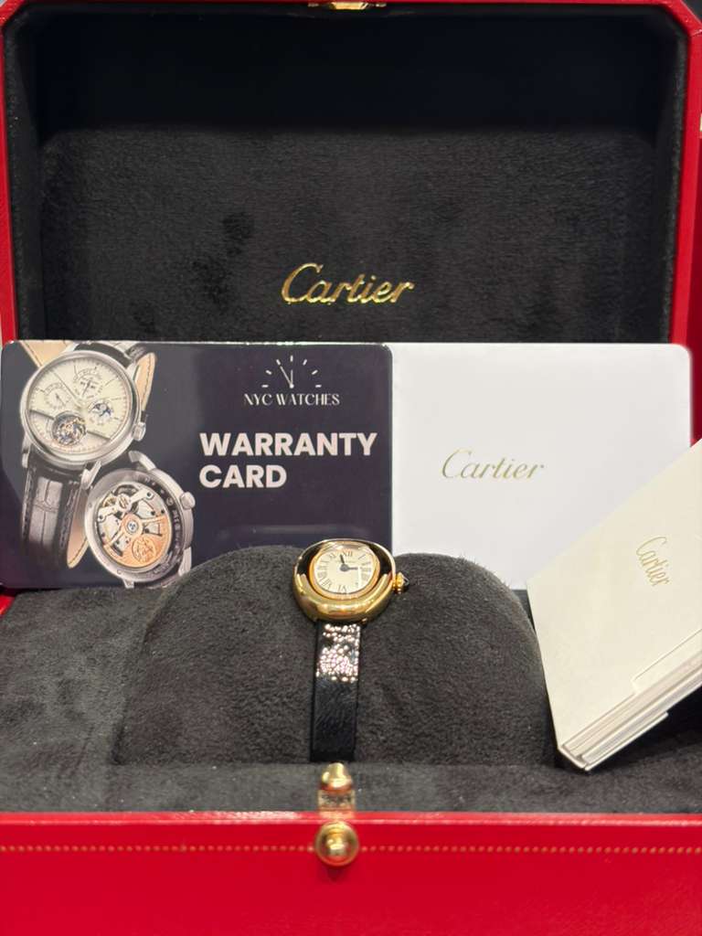 Cartier Baignoire Yellow Gold 24.6 MM (Mini model) - Black Patent Leather Strap - Silvered Dial - WGBA0075