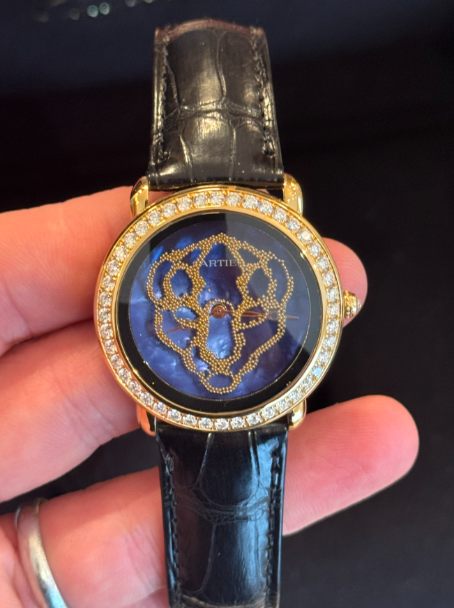 Cartier Révélation d'une Panthère Yellow Gold 37 MM - Shiny Blue Alligator Leather Strap - Diamond Bezel - Blue Mother-of-Pearl Dial - HPI01354