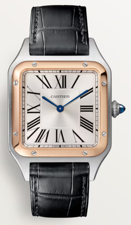 Cartier Santos de Cartier-Dumont Stainless Steel - Rose Gold Bezel - 43.5 MM (Large Model) - Black Leather Strap - Silver Dial - W2SA0037