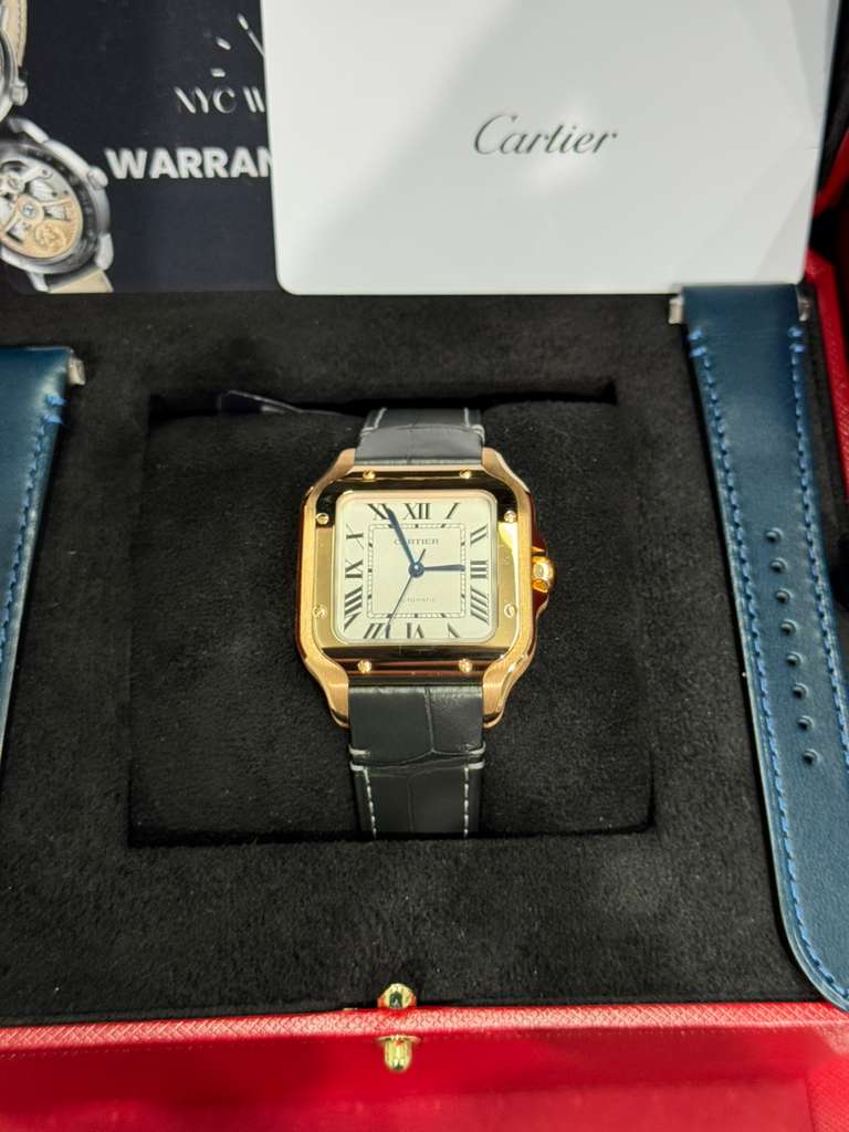 Cartier Santos de Cartier Rose Gold 35.1 MM (Medium Model) - Grey Leather Strap - Silver Dial - WGSA0028