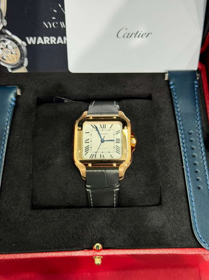 Cartier Santos de Cartier Rose Gold 35.1 MM (Medium Model) - Grey Leather Strap - Silver Dial - WGSA0028