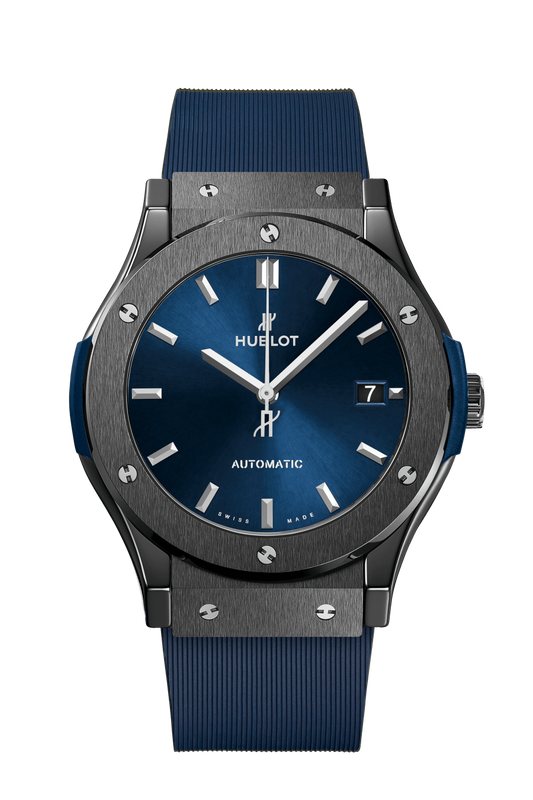 Hublot Classic Fusion Ceramic Blue 45 MM - Blue Rubber Strap - Satin Blue Sunburst Dial - 511.CM.7170.RX